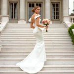 Bride in a sleek, modern wedding gown with a long train holding a bouquet of blush roses while posing confidently on a white marble staircase in front of a grand estate.