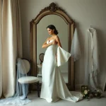 A stunning bride adjusts her delicate cathedral-length veil in an ornate mirror, showcasing timeless beauty and modern bridal elegance.