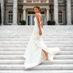 Elegant bride in a sleek white wedding gown walking down marble steps with flowing train and classic updo hairstyle.